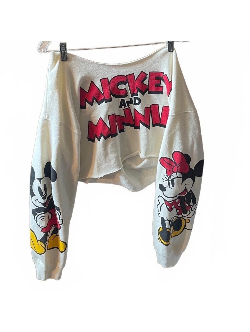 Vintage 90s Disney Mickey & Minnie Off Shoulder DiY Crop Sweatshirt Y2K Grunge